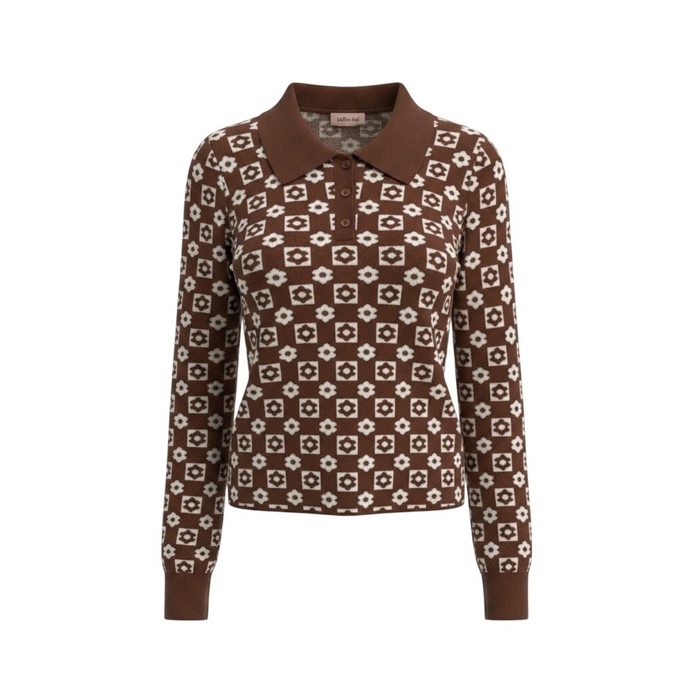 Willow + Root Geometric Floral Polo Sweater Women XL Brown Retro Preppy Mod Boho